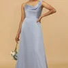 A Line Asymmetrical Neck Grey Blue Satin Long Bridesmaid Dress