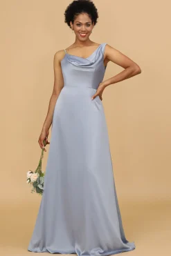 A Line Asymmetrical Neck Grey Blue Satin Long Bridesmaid Dress