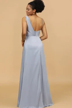 A Line Asymmetrical Neck Grey Blue Satin Long Bridesmaid Dress