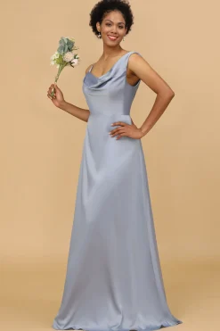 A Line Asymmetrical Neck Grey Blue Satin Long Bridesmaid Dress