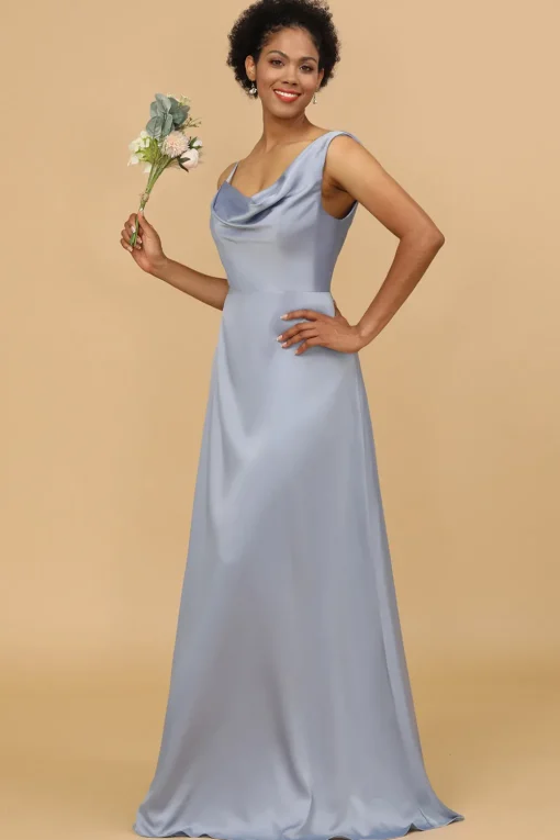 A Line Asymmetrical Neck Grey Blue Satin Long Bridesmaid Dress