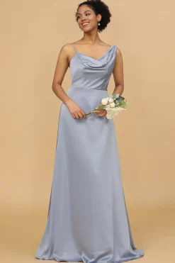 A Line Asymmetrical Neck Grey Blue Satin Long Bridesmaid Dress