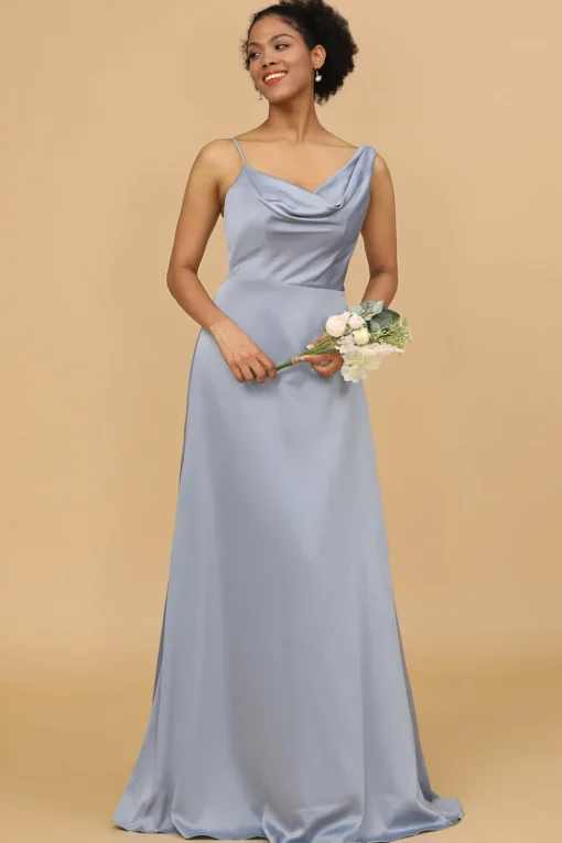 A Line Asymmetrical Neck Grey Blue Satin Long Bridesmaid Dress