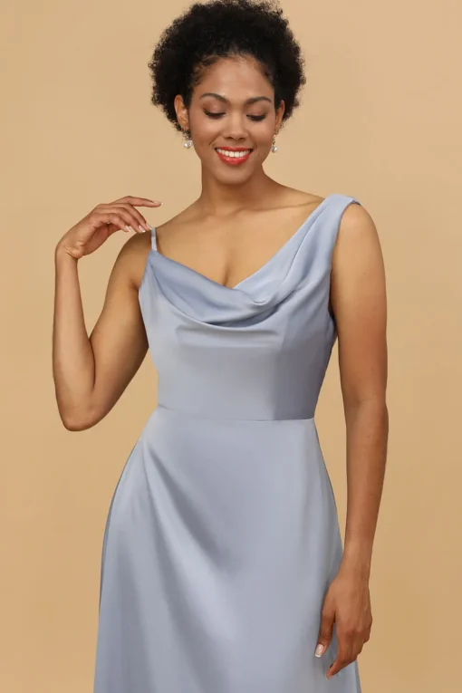 A Line Asymmetrical Neck Grey Blue Satin Long Bridesmaid Dress