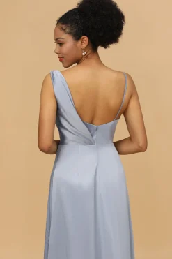 A Line Asymmetrical Neck Grey Blue Satin Long Bridesmaid Dress