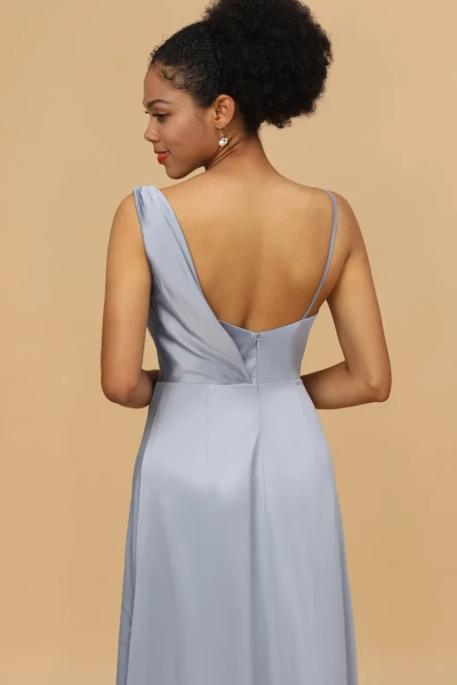 A Line Asymmetrical Neck Grey Blue Satin Long Bridesmaid Dress