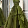 A Line Asymmetrical Straples Green Long Prom Dress with Ruffles