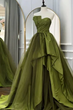A Line Asymmetrical Straples Green Long Prom Dress with Ruffles