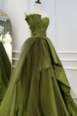 A Line Asymmetrical Straples Green Long Prom Dress with Ruffles