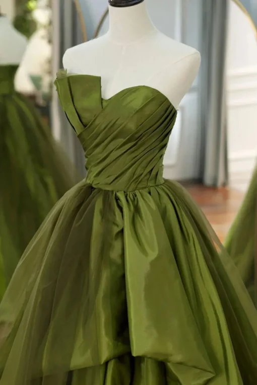 A Line Asymmetrical Straples Green Long Prom Dress with Ruffles