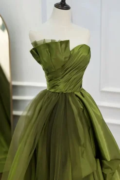 A Line Asymmetrical Straples Green Long Prom Dress with Ruffles