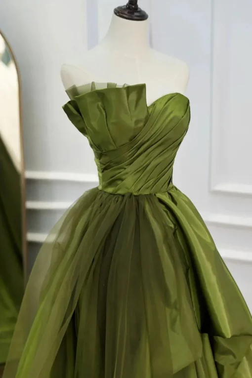 A Line Asymmetrical Straples Green Long Prom Dress with Ruffles