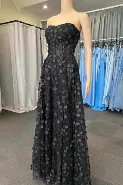 A Line Black Strapless Corset Prom Dress with Appliques