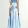 A Line Blue Halter Neck Satin Long Formal Dress