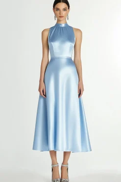 A Line Blue Halter Neck Satin Long Formal Dress