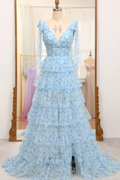 A Line Blue Printed V-neck Long Tiered Prom Dress with Slit