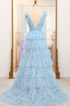 A Line Blue Printed V-neck Long Tiered Prom Dress with Slit