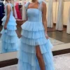 A Line Blue Tiered Spaghetti Straps Long Prom Dress with Slit
