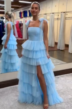 A Line Blue Tiered Spaghetti Straps Long Prom Dress with Slit