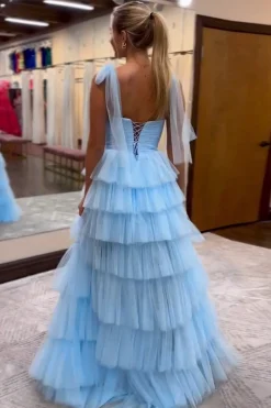 A Line Blue Tiered Spaghetti Straps Long Prom Dress with Slit