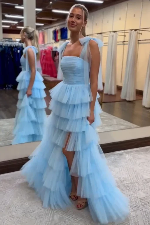 A Line Blue Tiered Spaghetti Straps Long Prom Dress with Slit