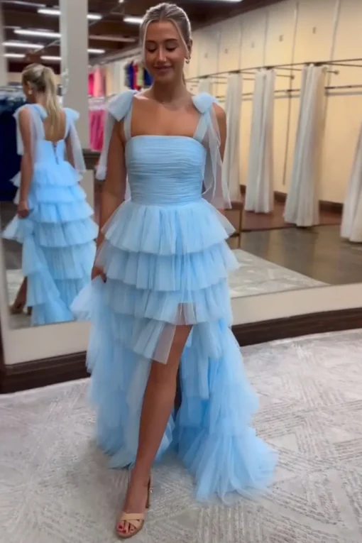 A Line Blue Tiered Spaghetti Straps Long Prom Dress with Slit