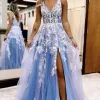 A Line Blue Tulle Long Prom Dress With Slit