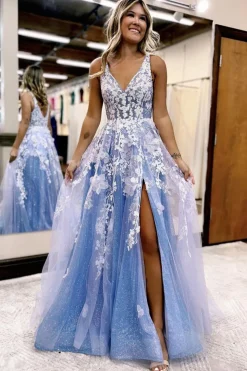 A Line Blue Tulle Long Prom Dress With Slit