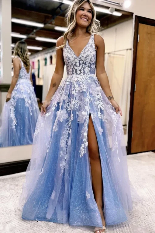 A Line Blue Tulle Long Prom Dress With Slit