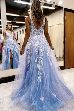 A Line Blue Tulle Long Prom Dress With Slit