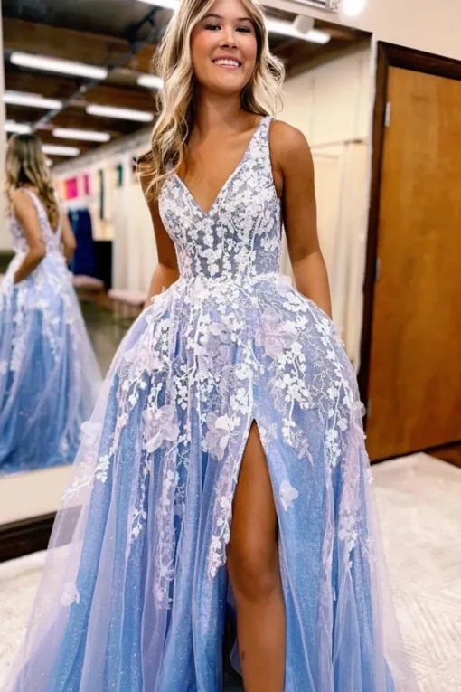 A Line Blue Tulle Long Prom Dress With Slit