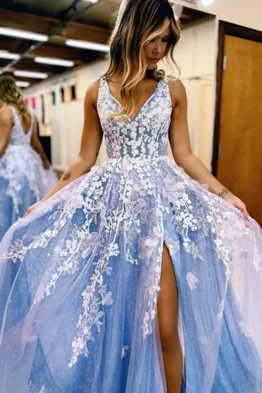 A Line Blue Tulle Long Prom Dress With Slit