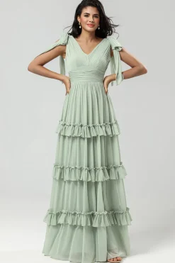 A Line Chiffon Green Bridesmaid Dress with Pleated