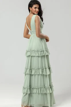 A Line Chiffon Green Bridesmaid Dress with Pleated