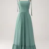 A Line Chiffon Green Long Bridesmaid Dress with Pleated