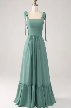 A Line Chiffon Green Long Bridesmaid Dress with Pleated