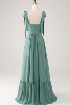 A Line Chiffon Green Long Bridesmaid Dress with Pleated