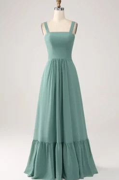A Line Chiffon Green Long Bridesmaid Dress with Pleated