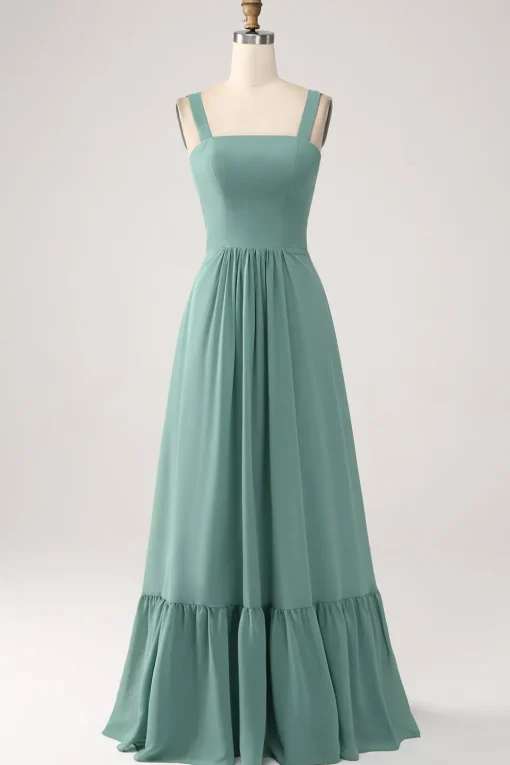 A Line Chiffon Green Long Bridesmaid Dress with Pleated