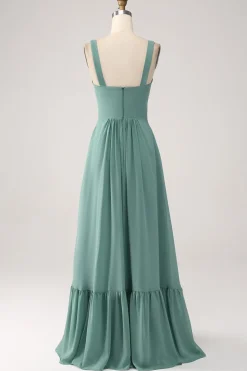 A Line Chiffon Green Long Bridesmaid Dress with Pleated