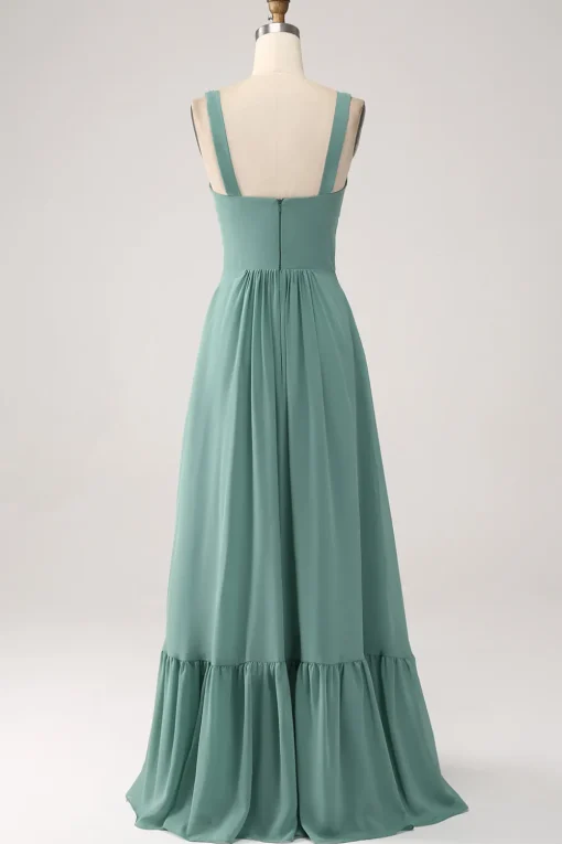 A Line Chiffon Green Long Bridesmaid Dress with Pleated