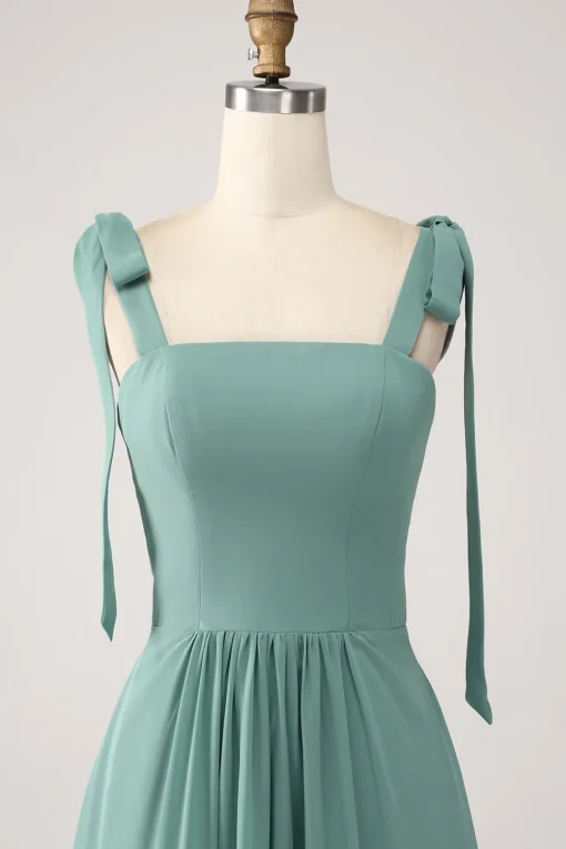 A Line Chiffon Green Long Bridesmaid Dress with Pleated