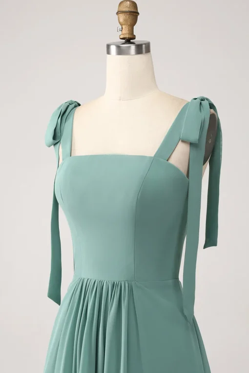 A Line Chiffon Green Long Bridesmaid Dress with Pleated