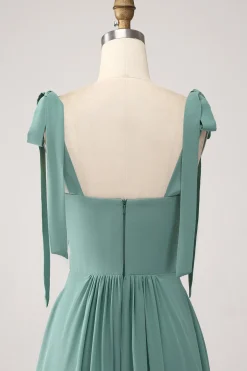 A Line Chiffon Green Long Bridesmaid Dress with Pleated