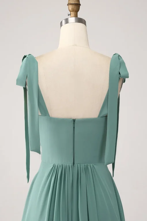 A Line Chiffon Green Long Bridesmaid Dress with Pleated