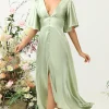 A Line Deep V Neck Light Green Wedding Guest Dress with Half Sleeves