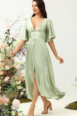 A Line Deep V Neck Light Green Wedding Guest Dress with Half Sleeves