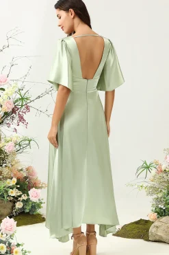 A Line Deep V Neck Light Green Wedding Guest Dress with Half Sleeves