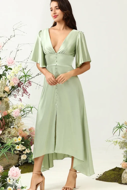 A Line Deep V Neck Light Green Wedding Guest Dress with Half Sleeves