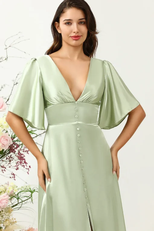 A Line Deep V Neck Light Green Wedding Guest Dress with Half Sleeves